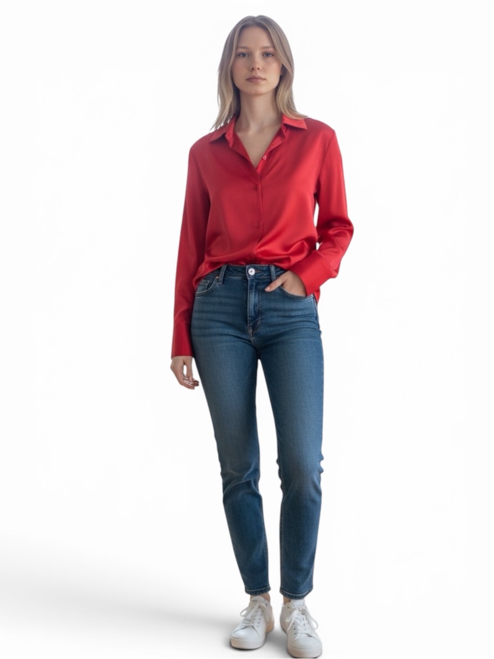 cupcakes & cashmere Satin Button-Up Blouse in Red